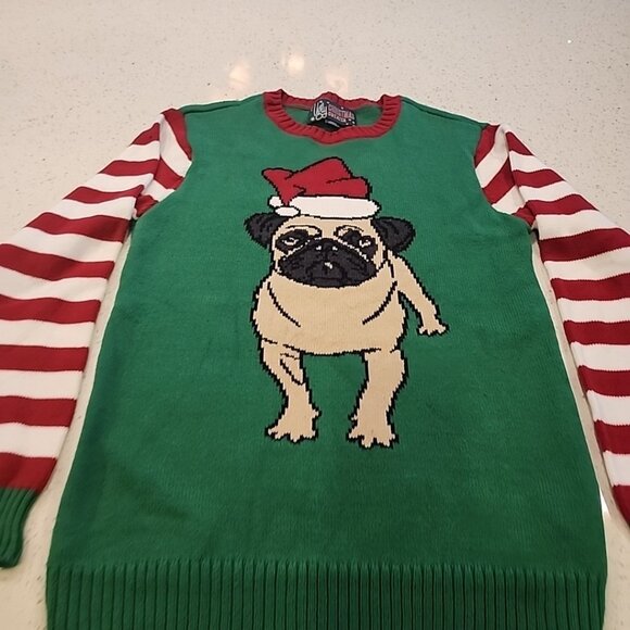 Ugly Christmas Pug Knit Sweater Womens Size Medium Candy Cane Stripe Sleeves - Picture 1 of 6